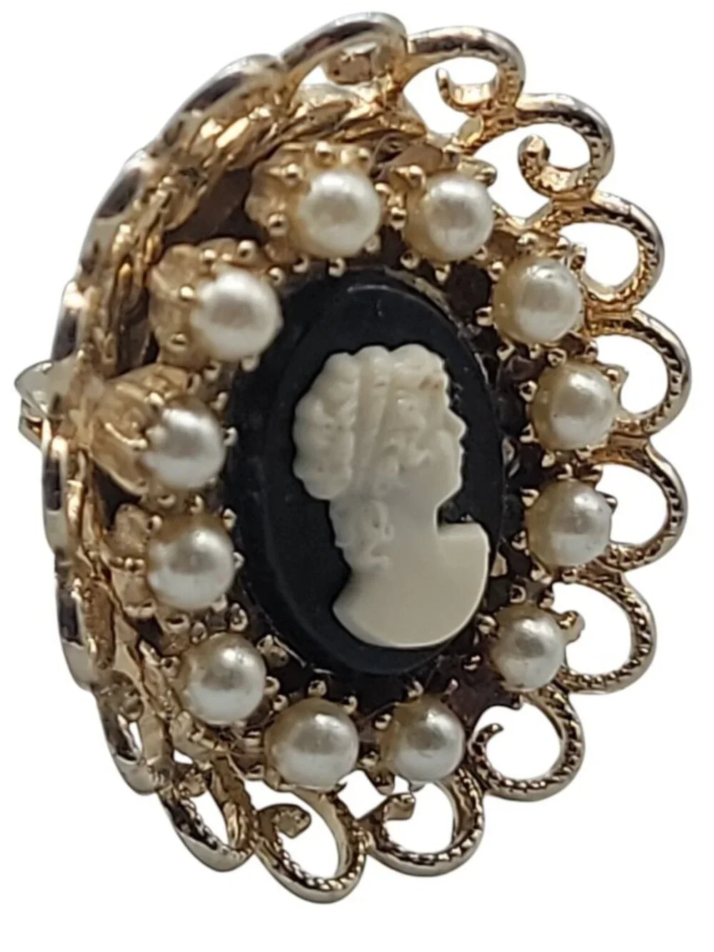 Coro Cameo Brooch Faux Resin  Gold Tone Open Work Frame Faux Pearl Black White
